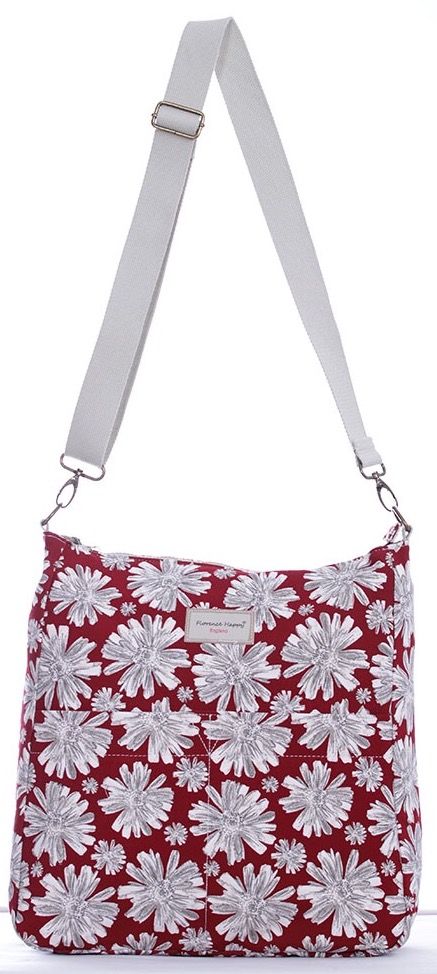 Grey Red Spot Red Daisy Large Zip Reversible Cross Body Bag