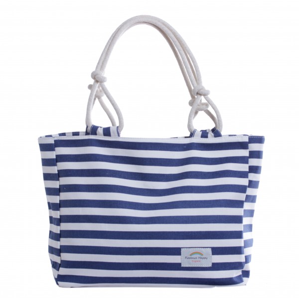 Navy Blue White Stripe Rope Knot Handles Canvas Bag
