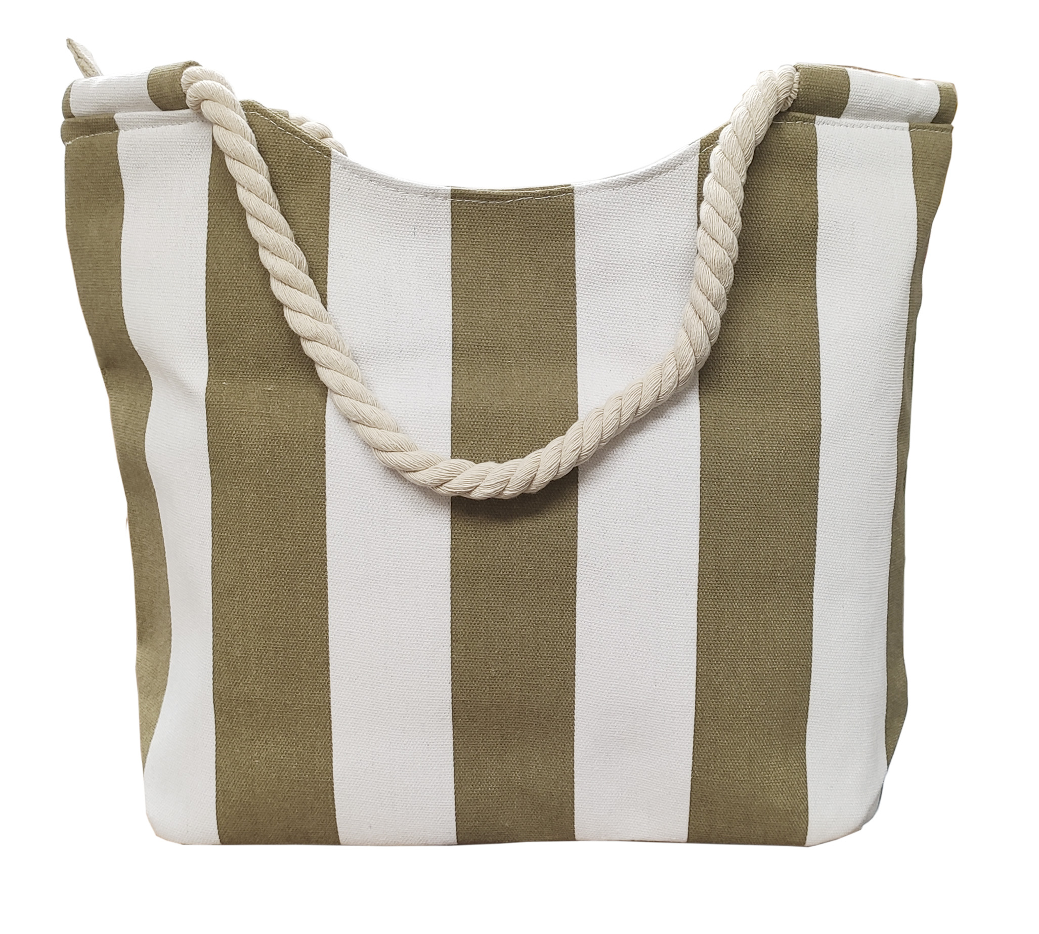 Khaki Stripe  Rope Handles Beach Tote Bag (v)