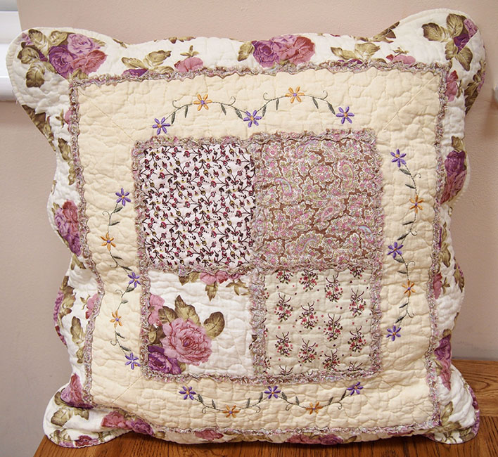 18"x18" Fuchsia Embroidered Patchwork Cushion Cover