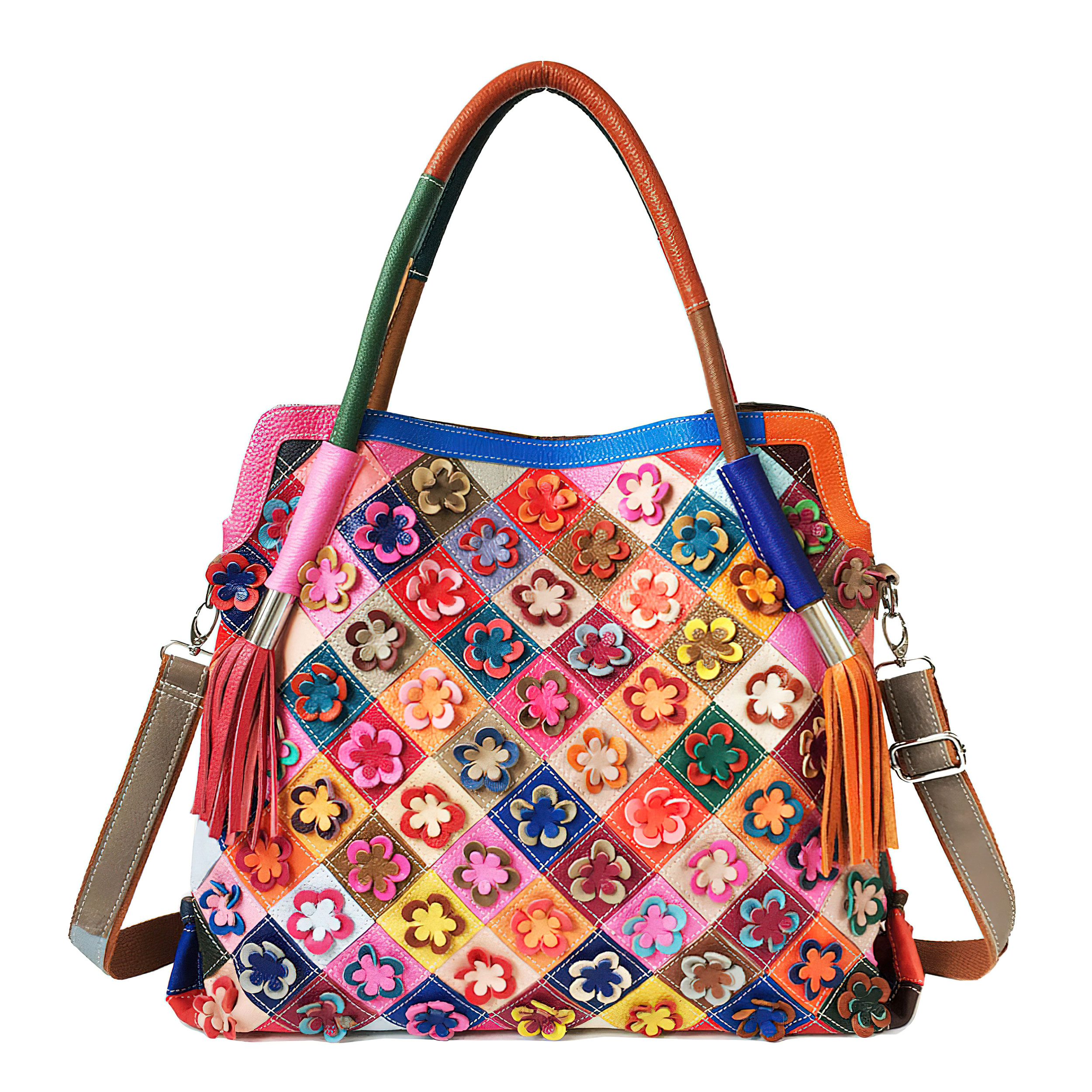 Handmade Flower Patchwork Leather Handbag with Tassels