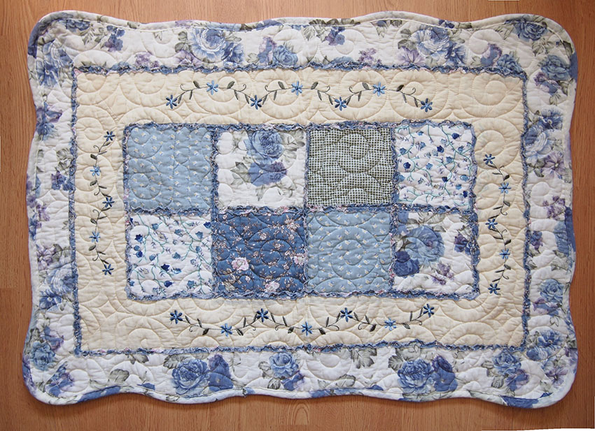 Blue Embroidered Patchwork Non-Slip Mat