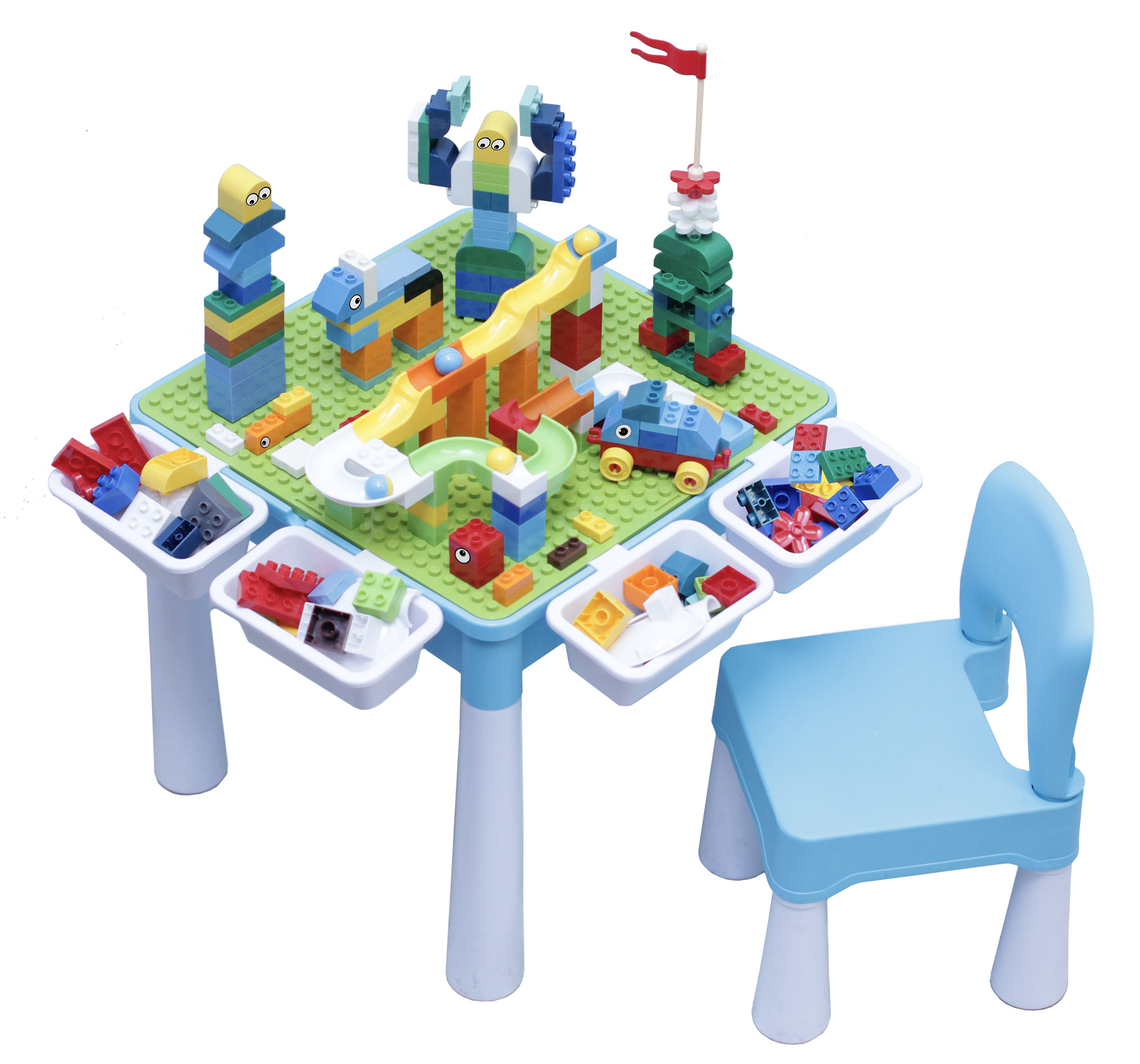 Kid's Multi-Activity Table Chair Set with 220 Pieces Brick Compatible with Lego Duplo