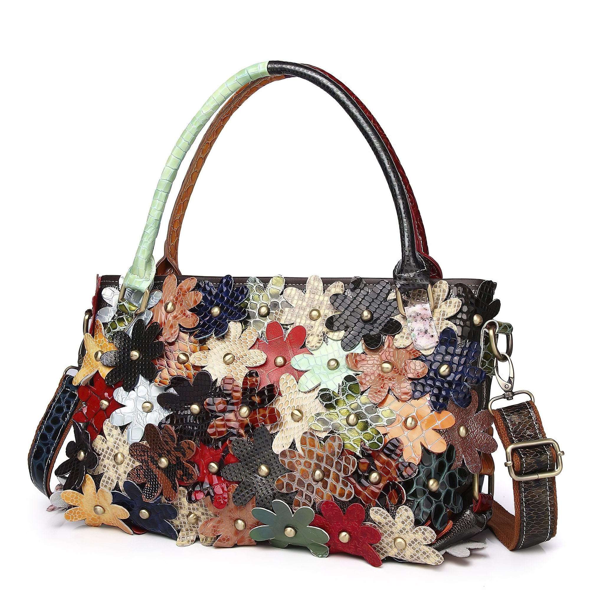 Handmade flower patchwork leather bag