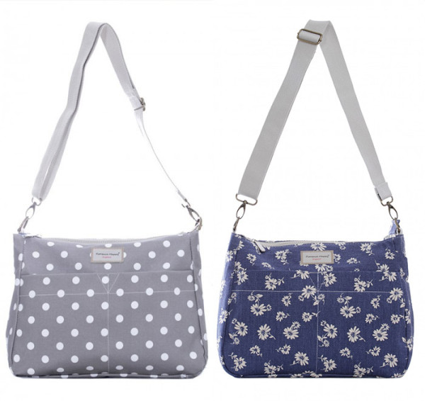 Reversible Oilcloth Zip Messenger Grey spot Navy jeans
